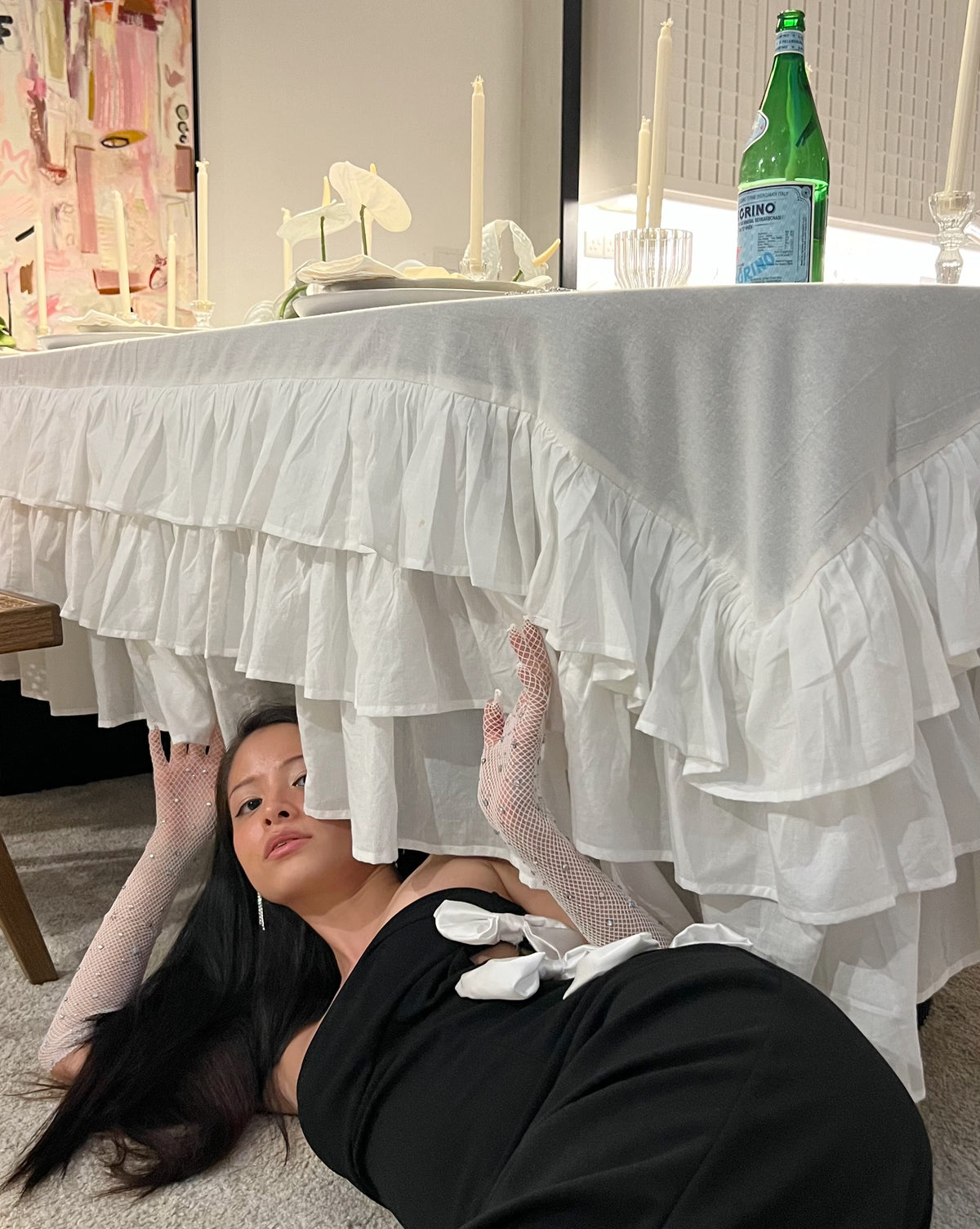 Allegria The Heirloom 3-Tier Tablecloth showcasing a luxury multi level ruffled linen design on a long dining setup