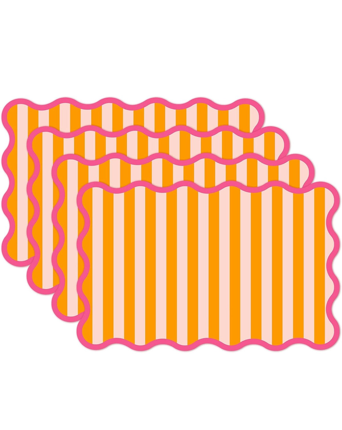 Rectangular placemats with wavy scalloped edges, featuring vertical orange and cream stripes outlined with a pink border