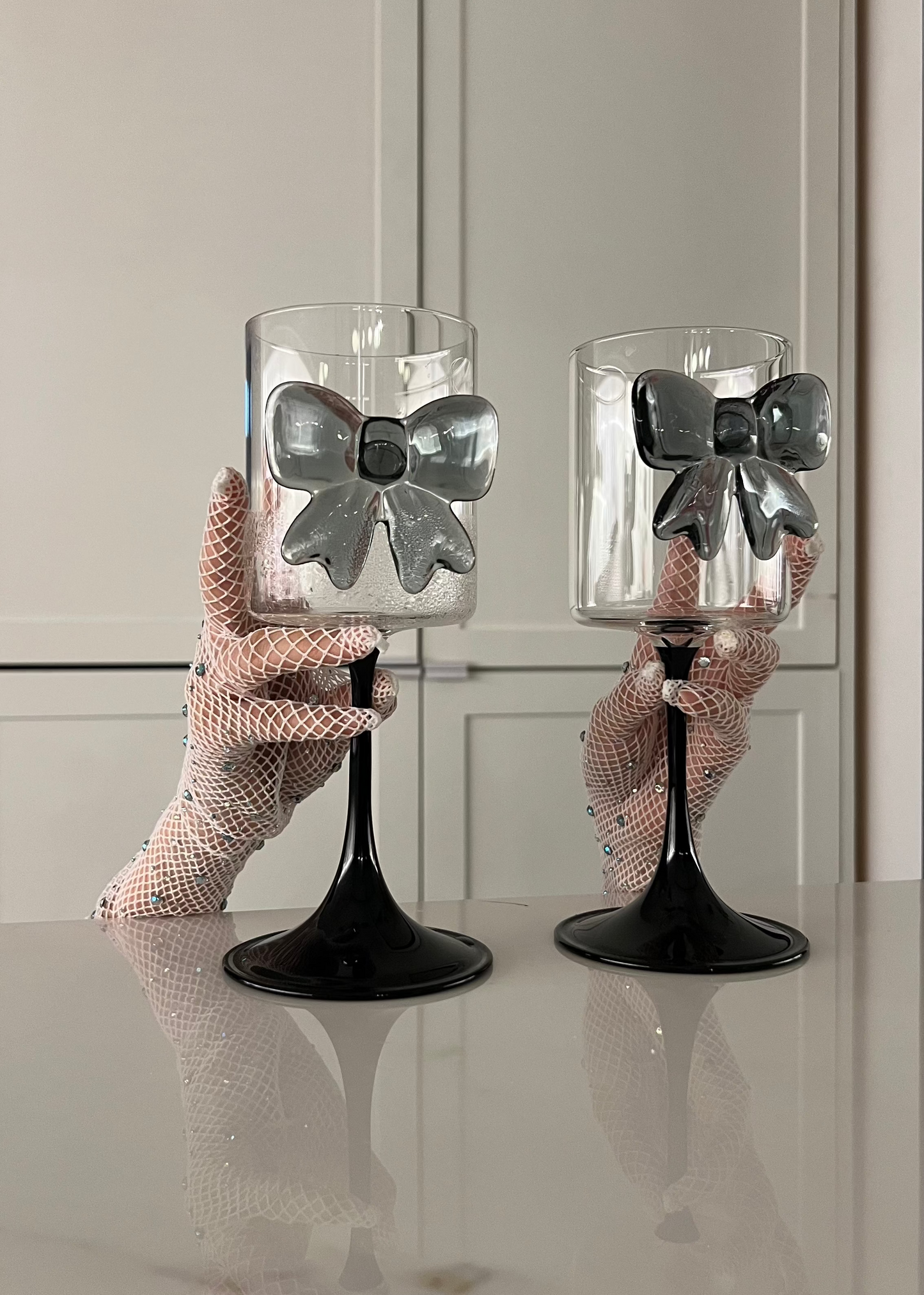 smokey grey black bow glasses for perfect table setting / tablescapes
