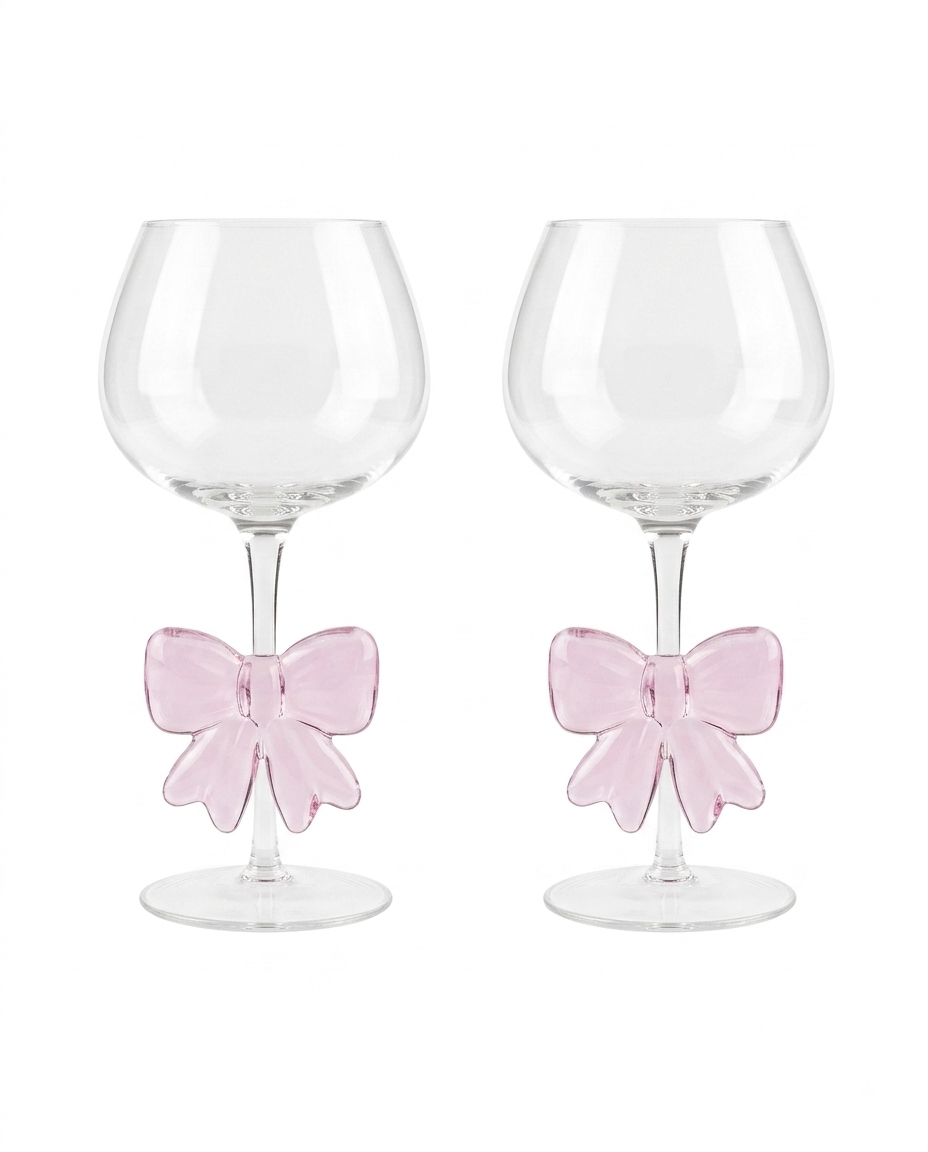 Allegria Millennial Pink Bow Stemmed Glass set of 2 premium crystal glassware on a clean background