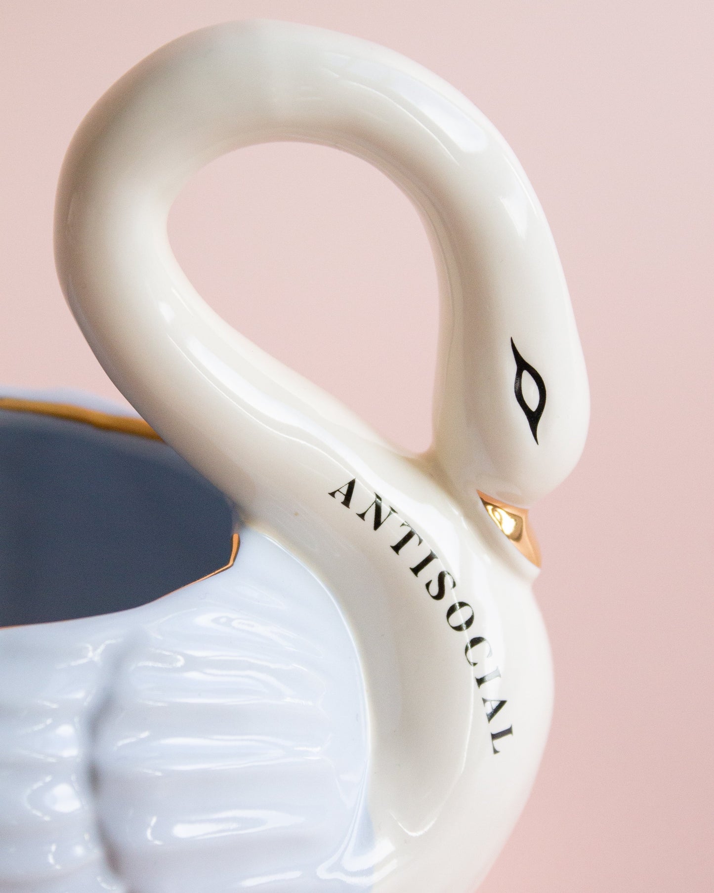 Close up view of the pastel color finish and gold accents on a figural bird shape pouring jug