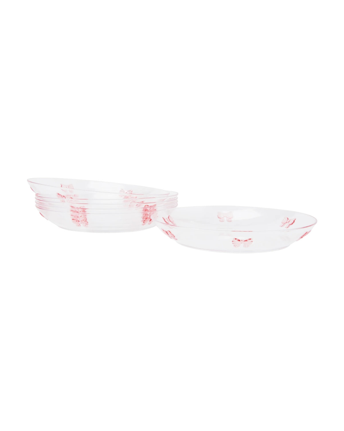 Chérie Bow Tumbler clear reusable plastic cup with a printed scatter pattern of pink ribbon bows