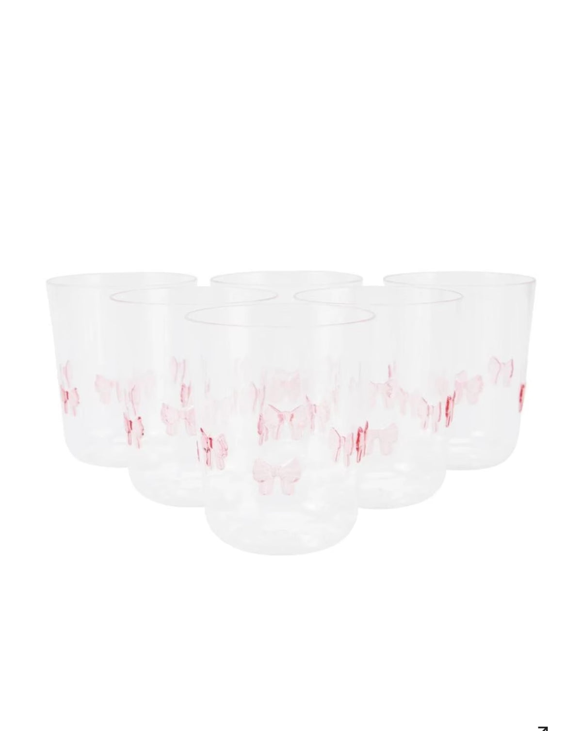 Chérie Bow Tumbler clear reusable plastic cup with a printed scatter pattern of pink ribbon bows