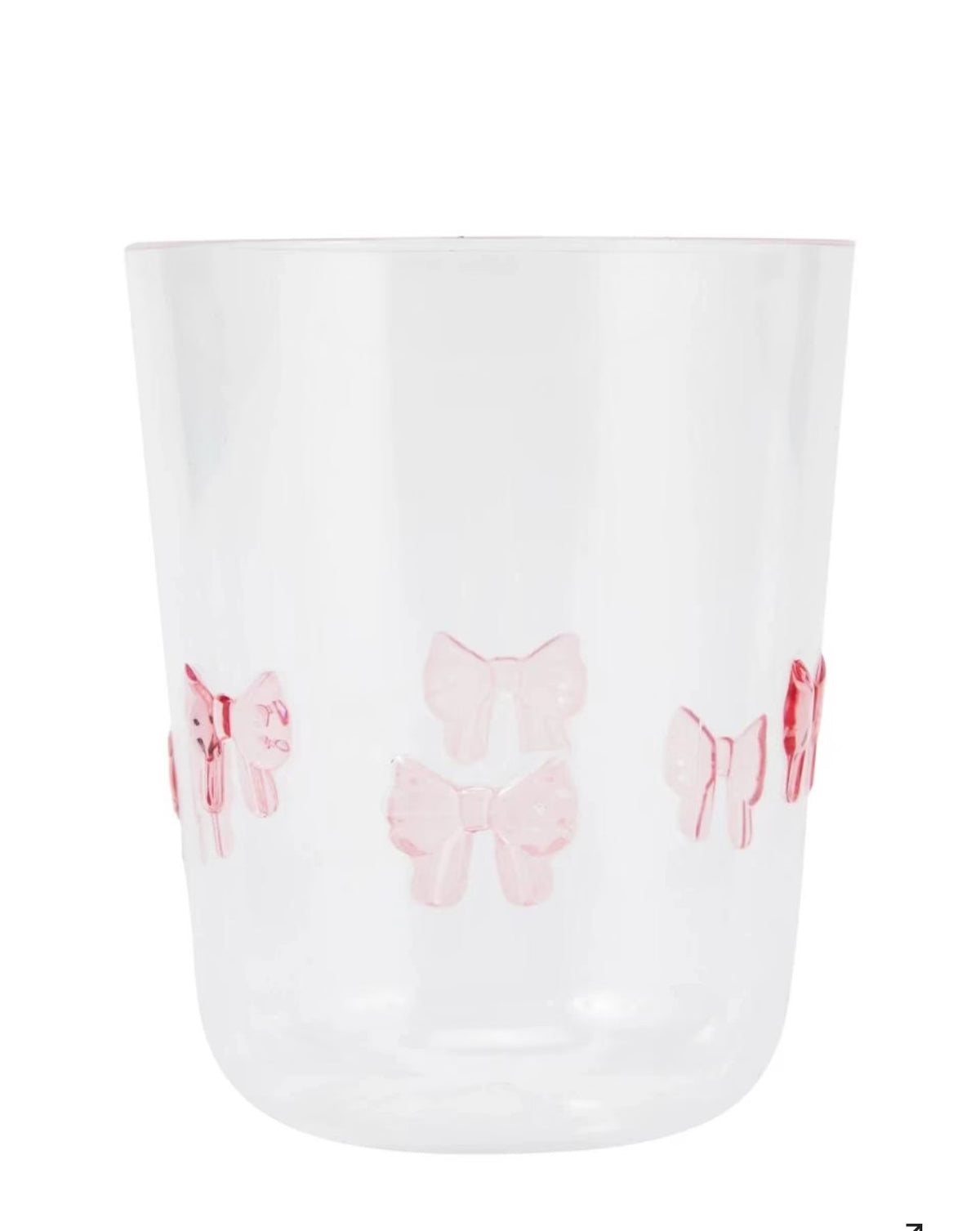 close up look of the delicate pink bow illustration print on the clear acrylic tumbler cup
