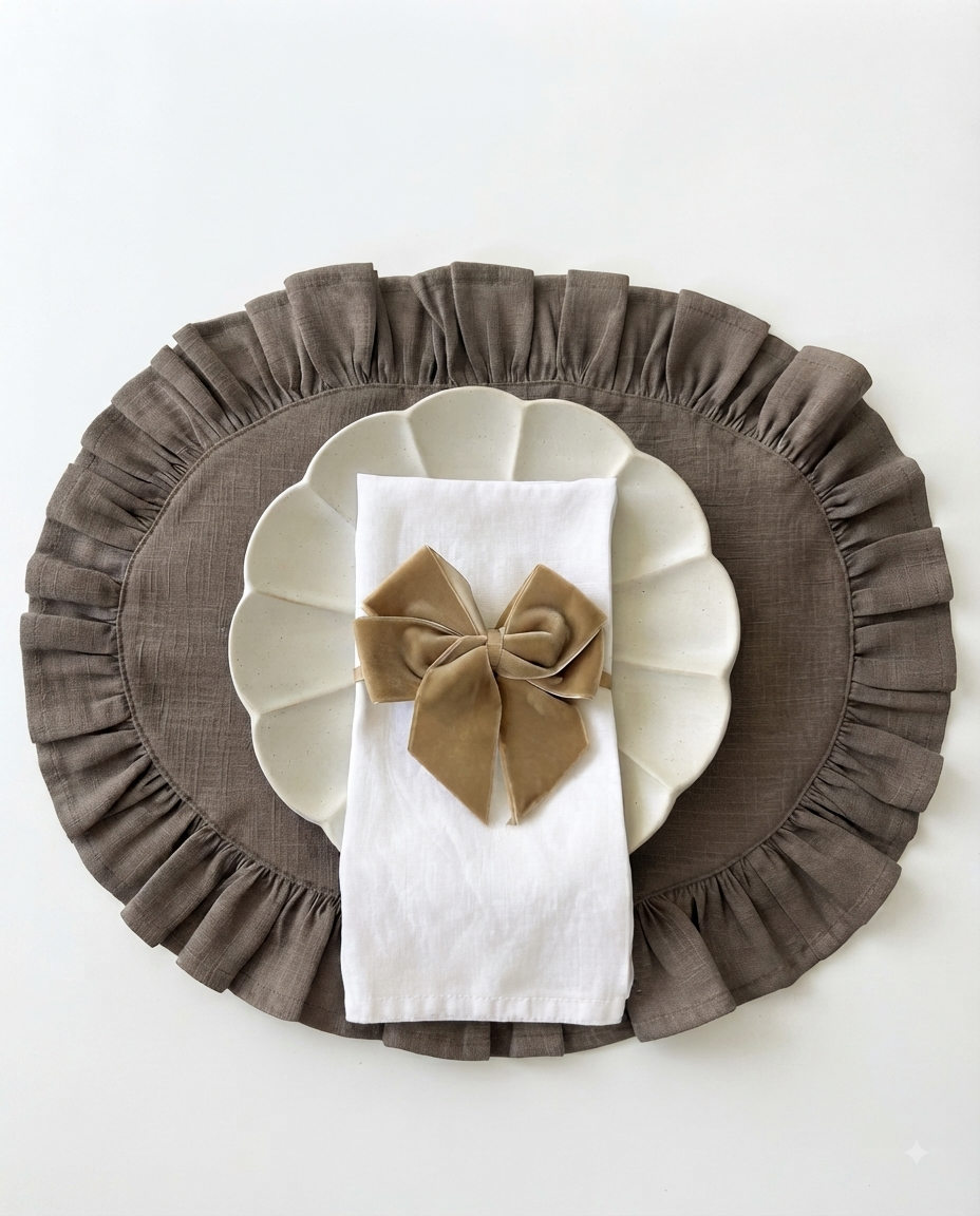Allegria Georgina Brown Velvet Bow Napkin Holder set of 4 on a clean studio background