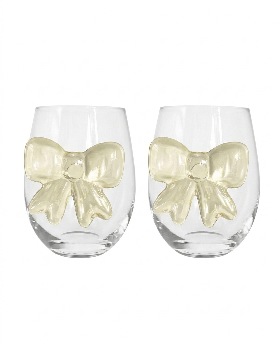 Allegria Bowtique Beige Bow set of 2 Tumbler glassware on a clean background