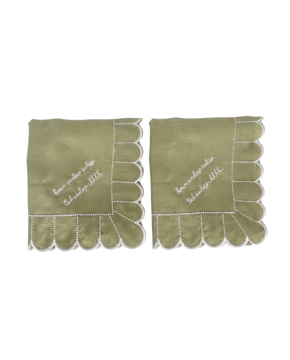 Allegria sage green scallop Embroidered Linen Napkin set of 2 with funny words hmm sedap cakap, tak sedap shhhhh script for modern vintage tableware decor