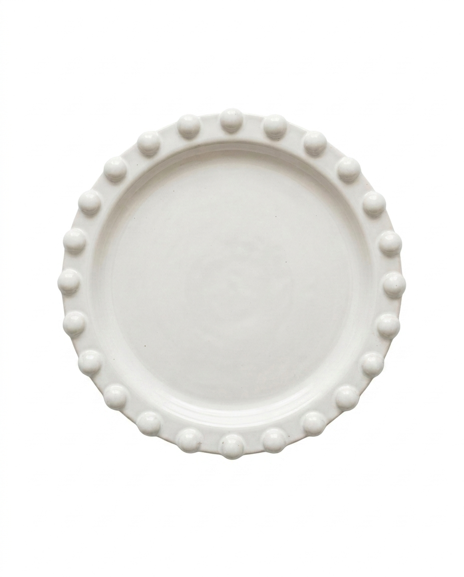  Pale grey Pom Pom Serveware round beaded earthenware platter on a clean background