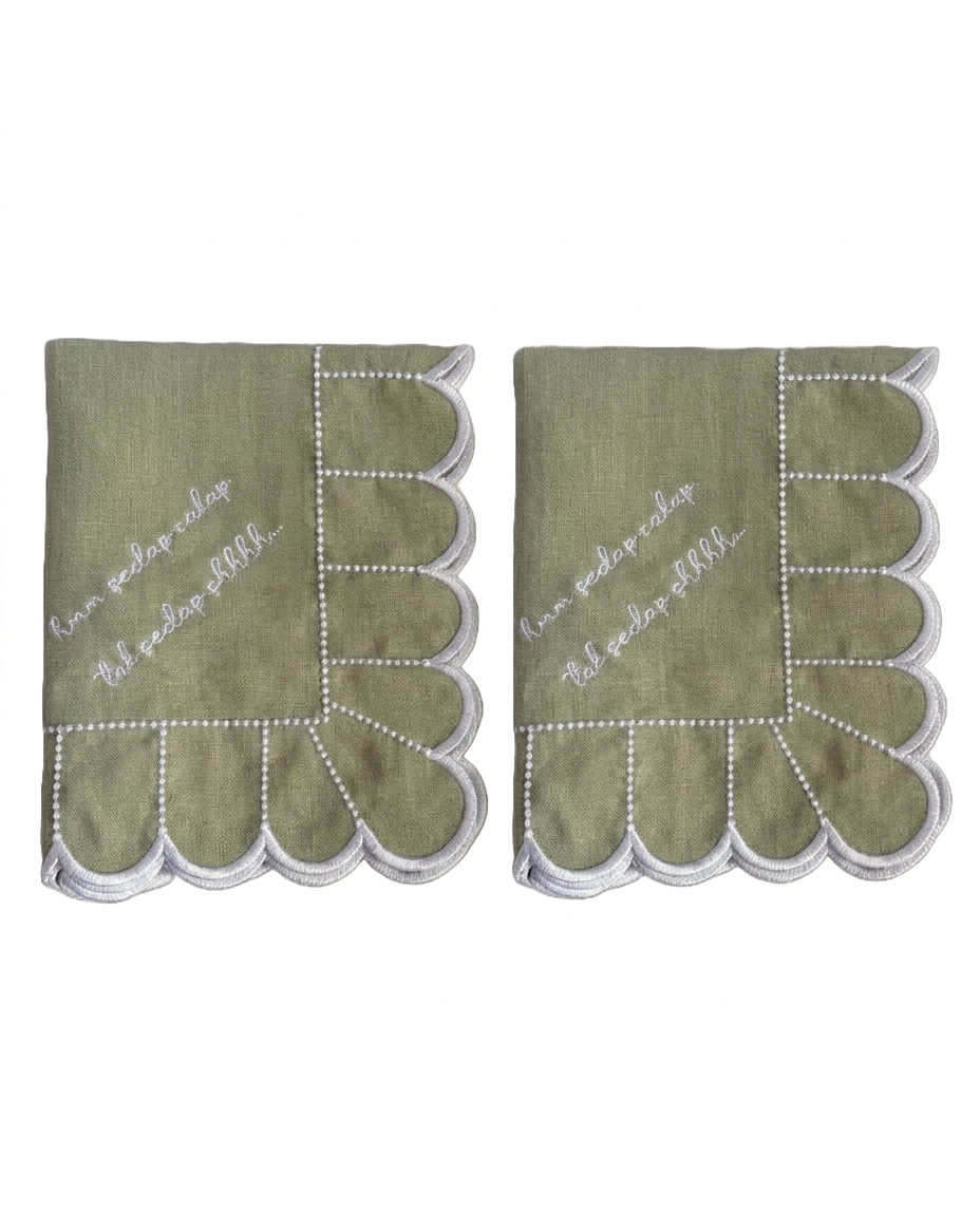 Allegria green scallop Embroidered Linen Napkin set of 2 with words hmm sedap cakap, tak sedap shhhhh script 