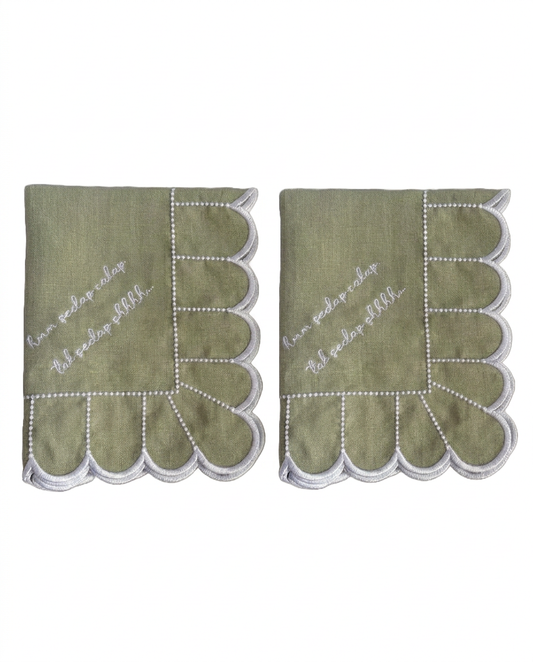 Allegria green scallop Embroidered Linen Napkin set of 2 with words hmm sedap cakap, tak sedap shhhhh script 